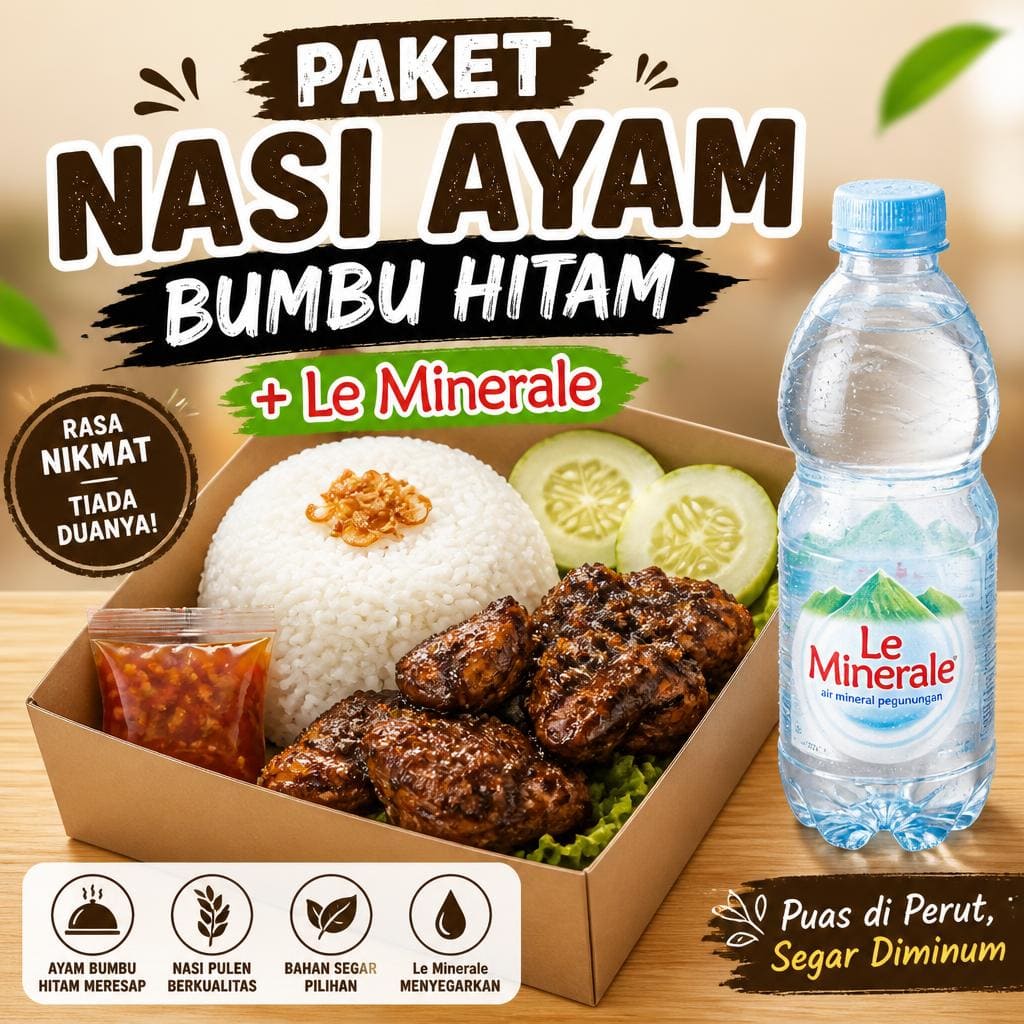 Paket Nasi Ayam Bumbu Hitam Le Minerale dari Bakso Lapangan Tembak Senayan